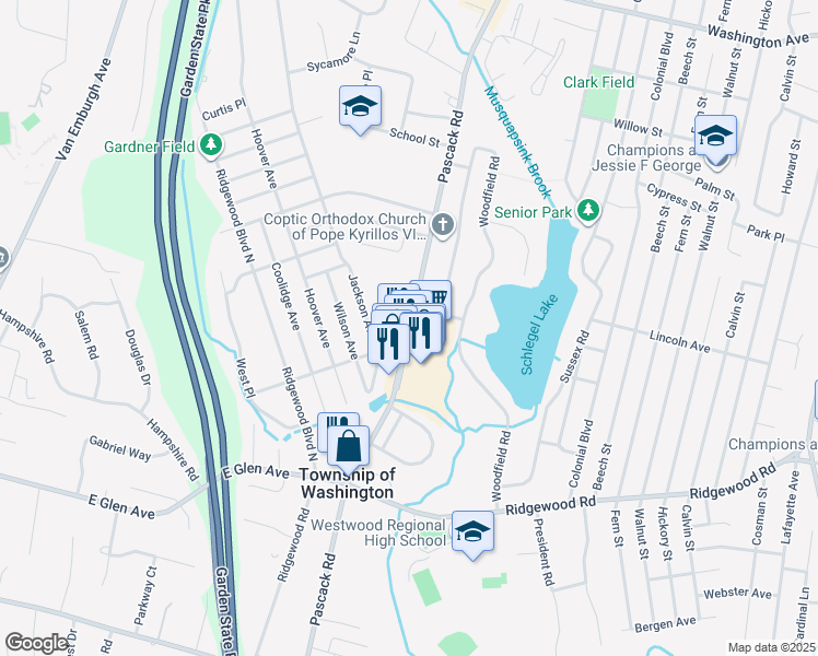 map of restaurants, bars, coffee shops, grocery stores, and more near 315 Pascack Road in Township of Washington