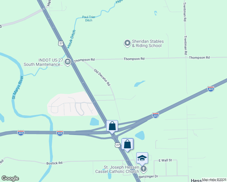 map of restaurants, bars, coffee shops, grocery stores, and more near 10401-10733 Old Decatur Road in Fort Wayne