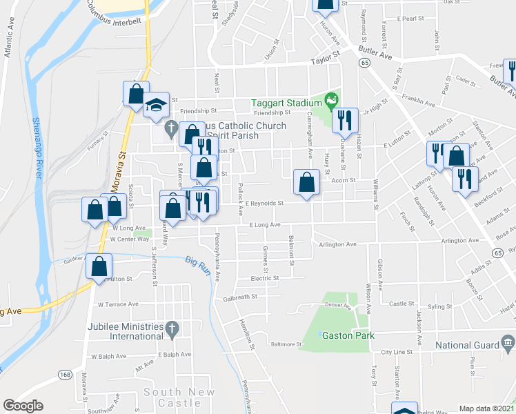 map of restaurants, bars, coffee shops, grocery stores, and more near 414 East Reynolds Street in New Castle