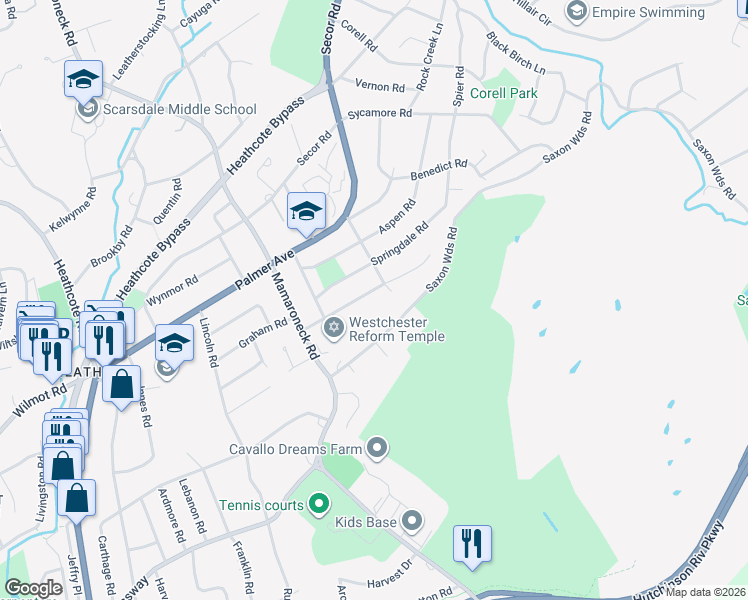 map of restaurants, bars, coffee shops, grocery stores, and more near 10 Springdale Road in Scarsdale