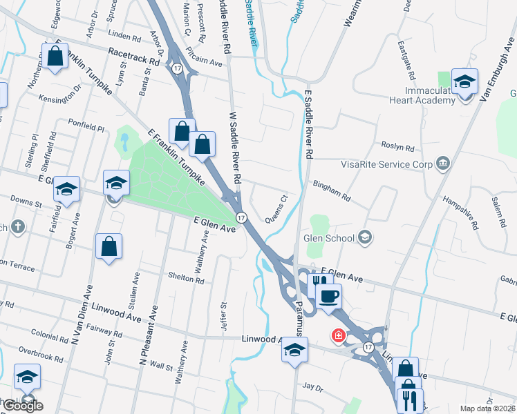 map of restaurants, bars, coffee shops, grocery stores, and more near 656 Kingsbridge Lane in Ridgewood