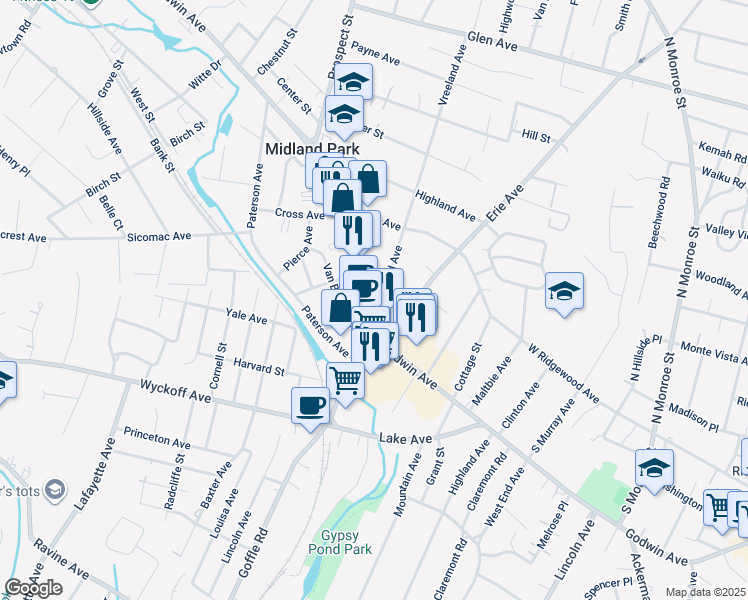 map of restaurants, bars, coffee shops, grocery stores, and more near 49 Vreeland Avenue in Midland Park