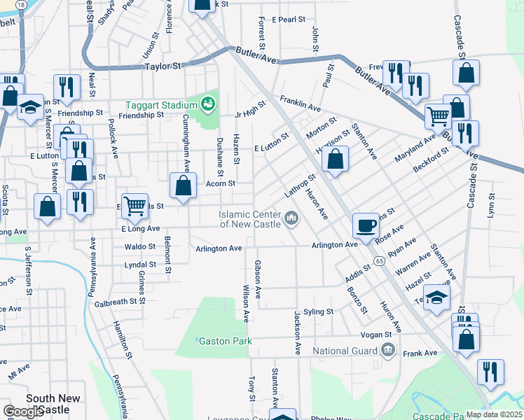 map of restaurants, bars, coffee shops, grocery stores, and more near 764 Harrison Street in New Castle