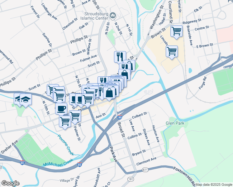 map of restaurants, bars, coffee shops, grocery stores, and more near 424 Main Street in Stroudsburg