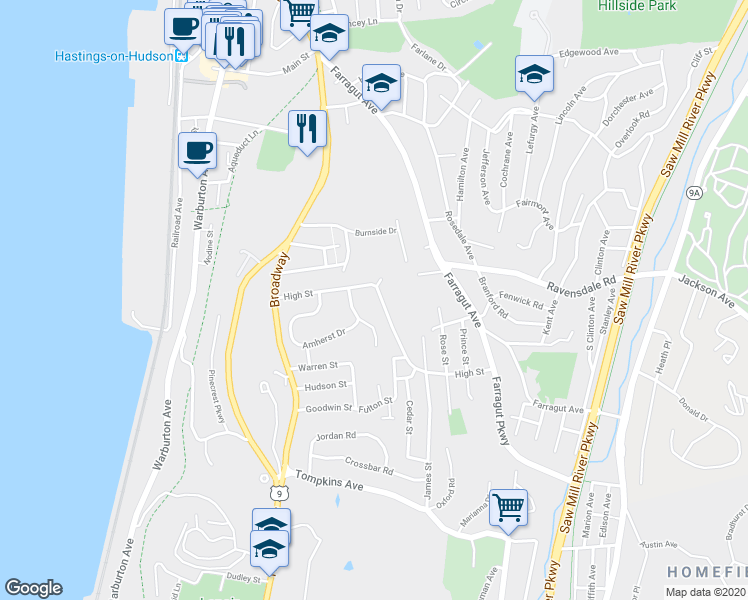 map of restaurants, bars, coffee shops, grocery stores, and more near 131 High Street in Hastings-on-Hudson