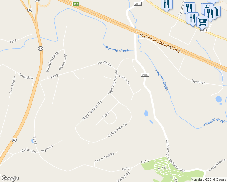 map of restaurants, bars, coffee shops, grocery stores, and more near 5079 High Terrace Road in Stroudsburg