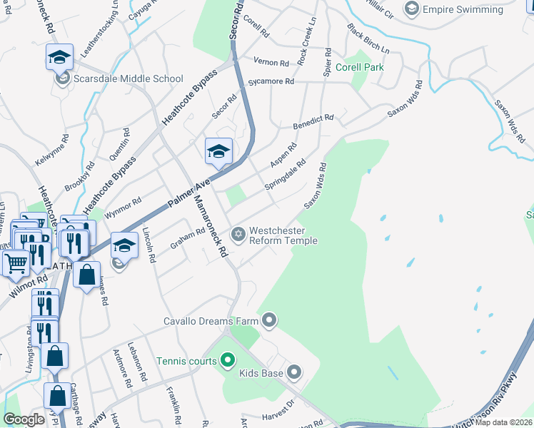 map of restaurants, bars, coffee shops, grocery stores, and more near 10 Springdale Road in Scarsdale