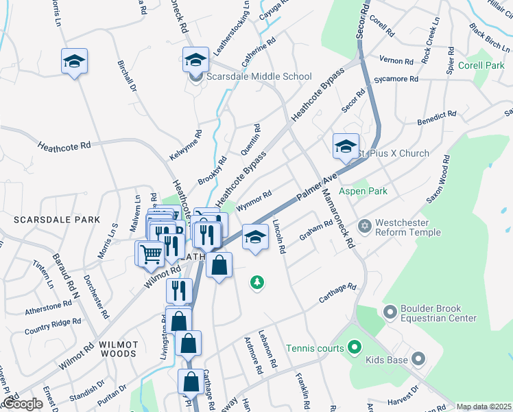 map of restaurants, bars, coffee shops, grocery stores, and more near 22 Wynmor Road in Scarsdale