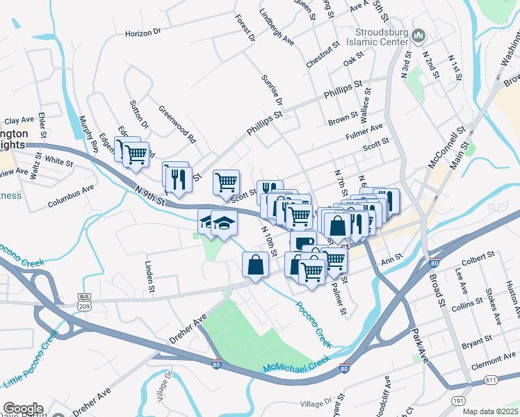 map of restaurants, bars, coffee shops, grocery stores, and more near 858 Thomas Street in Stroudsburg