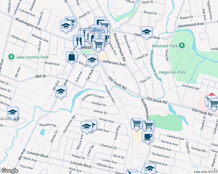 map of restaurants, bars, coffee shops, grocery stores, and more near 115 Prospect Avenue in Westwood