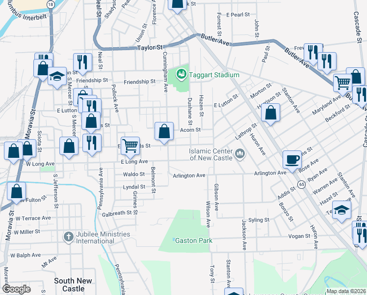 map of restaurants, bars, coffee shops, grocery stores, and more near 616 Acorn Street in New Castle
