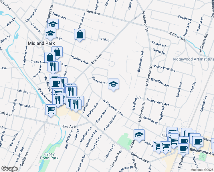 map of restaurants, bars, coffee shops, grocery stores, and more near 92 Busteed Drive in Ridgewood