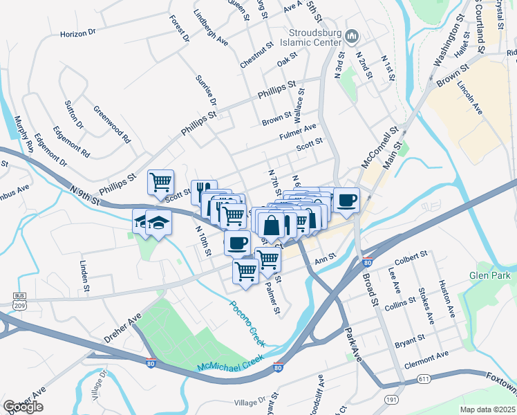 map of restaurants, bars, coffee shops, grocery stores, and more near 726 Sarah Street in Stroudsburg