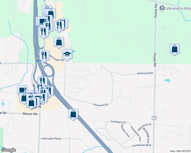 map of restaurants, bars, coffee shops, grocery stores, and more near 1077 Saint Andrew's Court in Akron