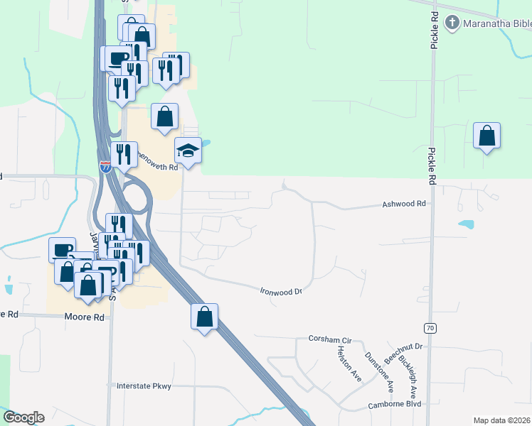 map of restaurants, bars, coffee shops, grocery stores, and more near 1077 Saint Andrew's Court in Akron
