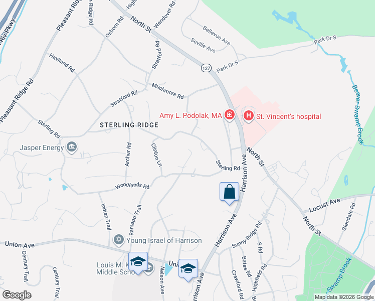 map of restaurants, bars, coffee shops, grocery stores, and more near 104 Sterling Road in Harrison
