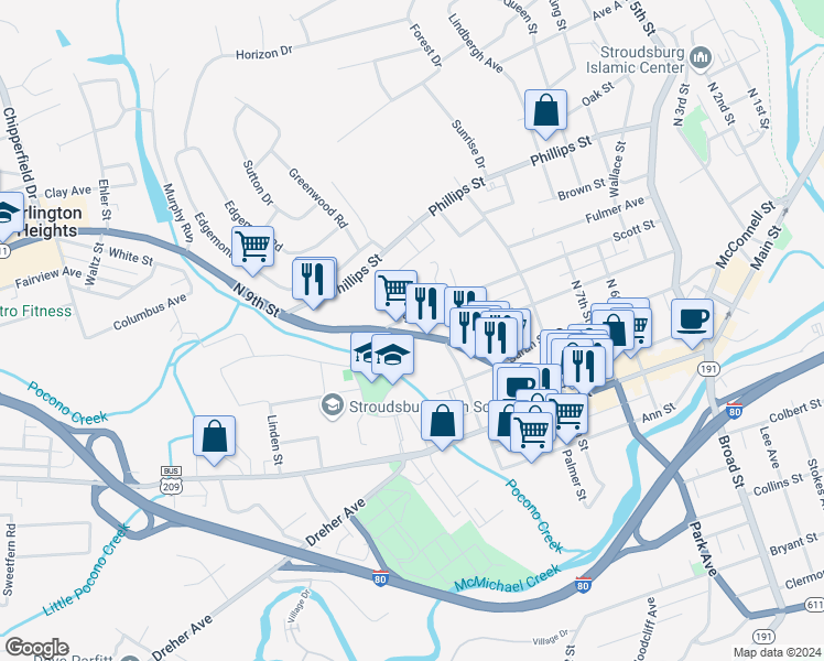 map of restaurants, bars, coffee shops, grocery stores, and more near 216 North 9th Street in Stroudsburg