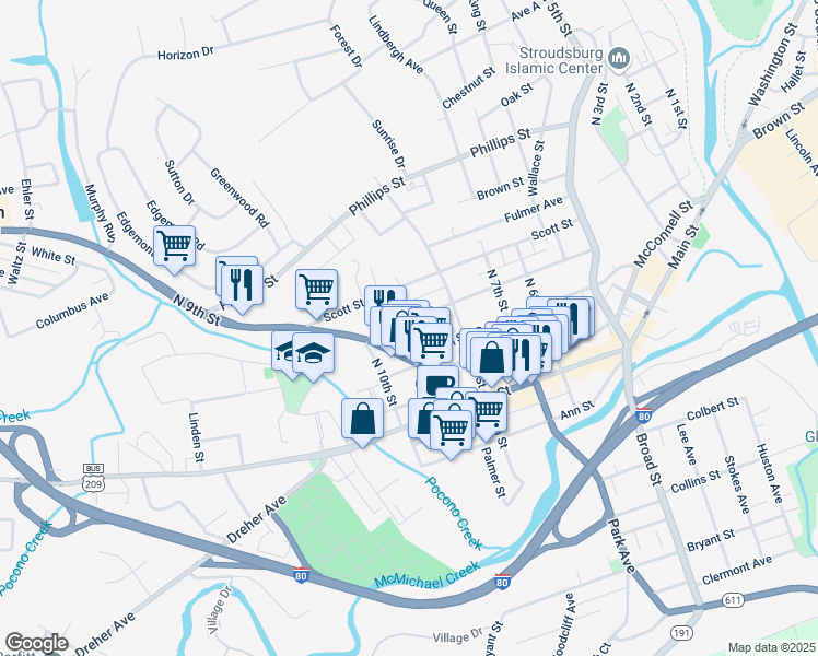 map of restaurants, bars, coffee shops, grocery stores, and more near 831 Thomas Street in Stroudsburg