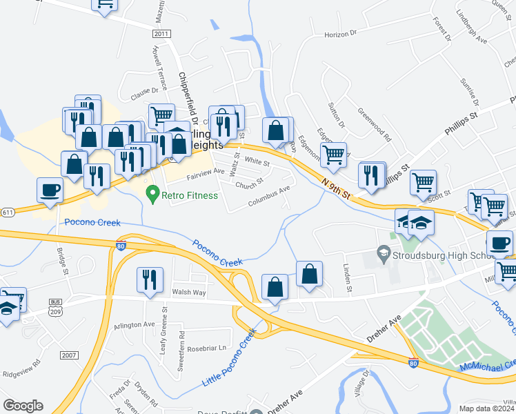 map of restaurants, bars, coffee shops, grocery stores, and more near 829 Columbus Avenue in Stroudsburg