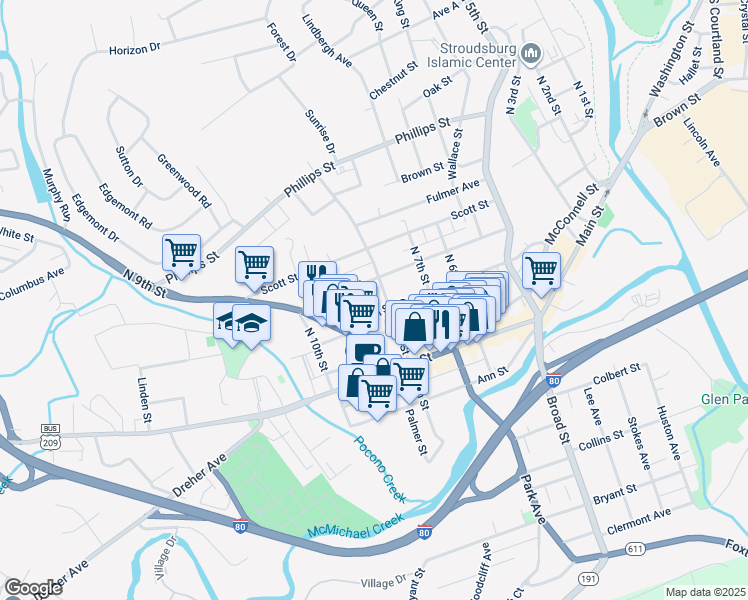 map of restaurants, bars, coffee shops, grocery stores, and more near 812 Thomas Street in Stroudsburg