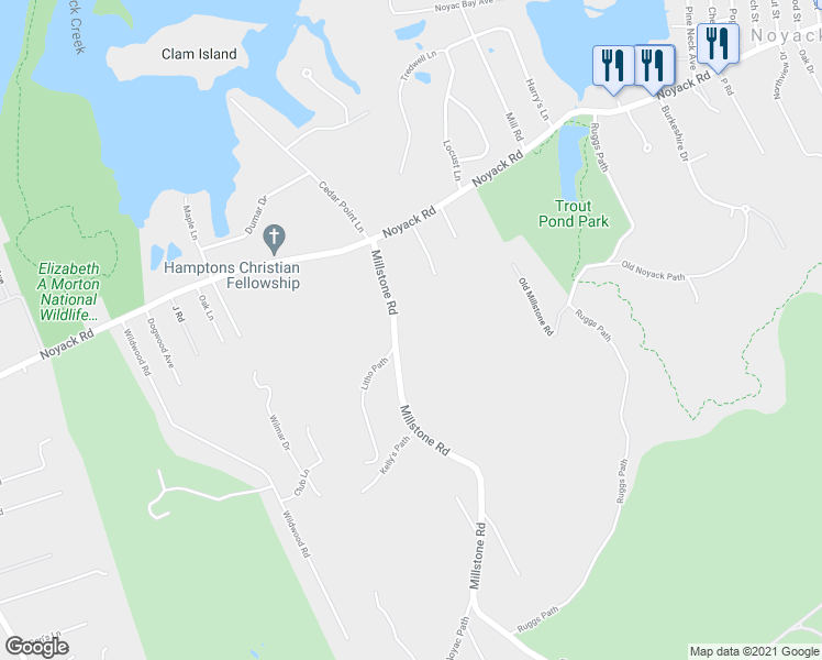map of restaurants, bars, coffee shops, grocery stores, and more near 1672 Millstone Road in Sag Harbor