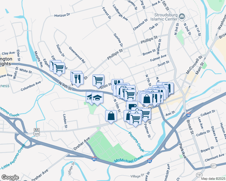 map of restaurants, bars, coffee shops, grocery stores, and more near 858 Thomas Street in Stroudsburg