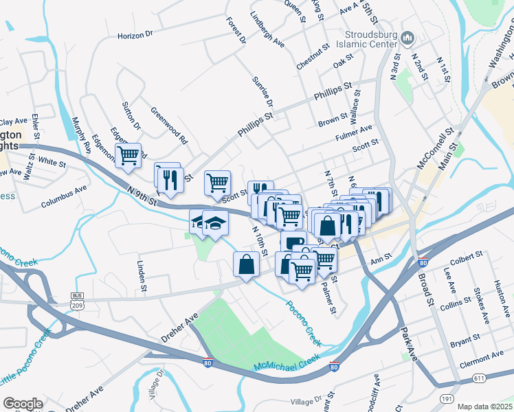 map of restaurants, bars, coffee shops, grocery stores, and more near 848 Thomas Street in Stroudsburg