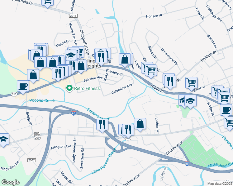 map of restaurants, bars, coffee shops, grocery stores, and more near 829 Columbus Avenue in Stroudsburg