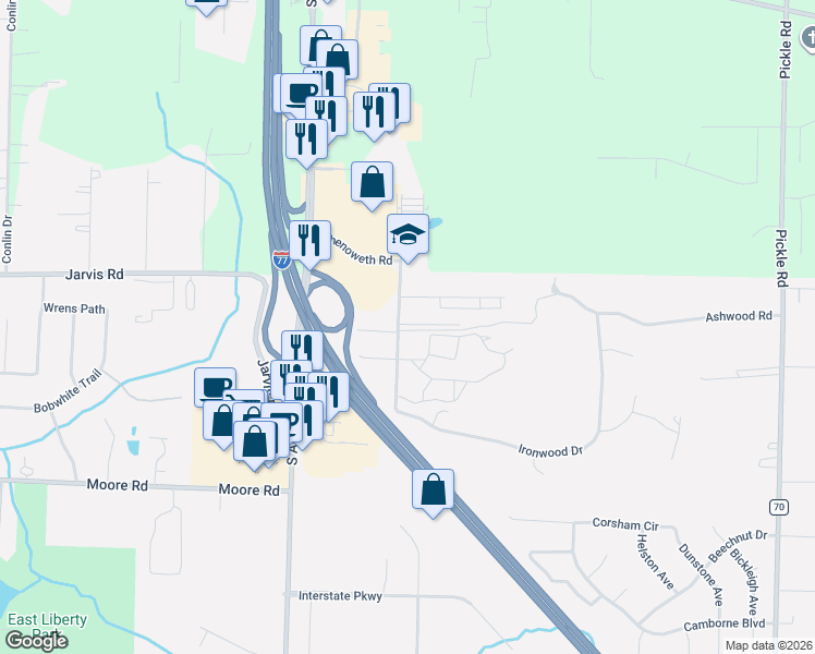 map of restaurants, bars, coffee shops, grocery stores, and more near 2986 Chenoweth Road in Akron