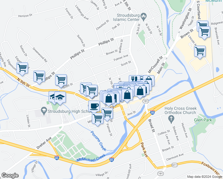 map of restaurants, bars, coffee shops, grocery stores, and more near 701 Sarah Street in Stroudsburg