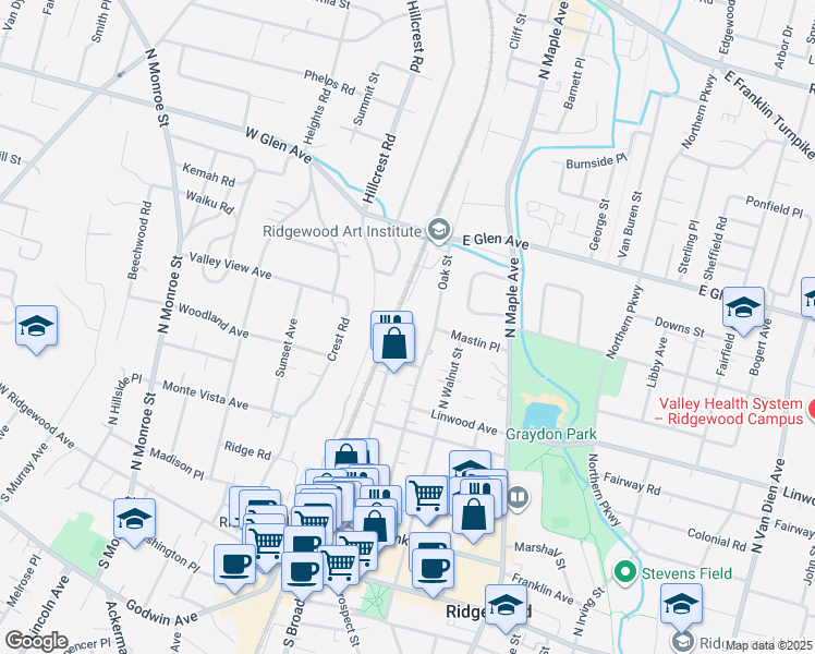 map of restaurants, bars, coffee shops, grocery stores, and more near 260 Oak Street in Ridgewood