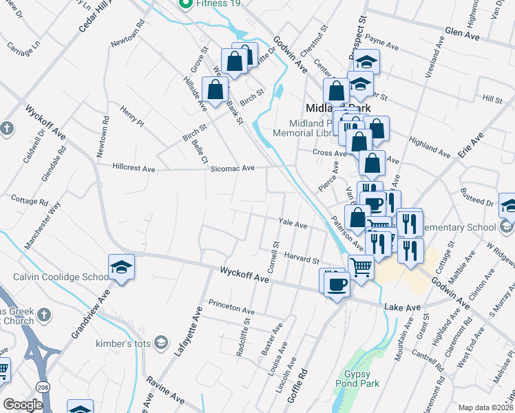 map of restaurants, bars, coffee shops, grocery stores, and more near 36 Faner Road in Midland Park