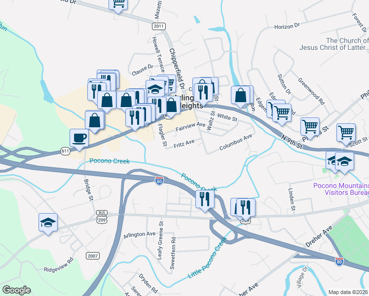 map of restaurants, bars, coffee shops, grocery stores, and more near 917 Church Street in Stroudsburg