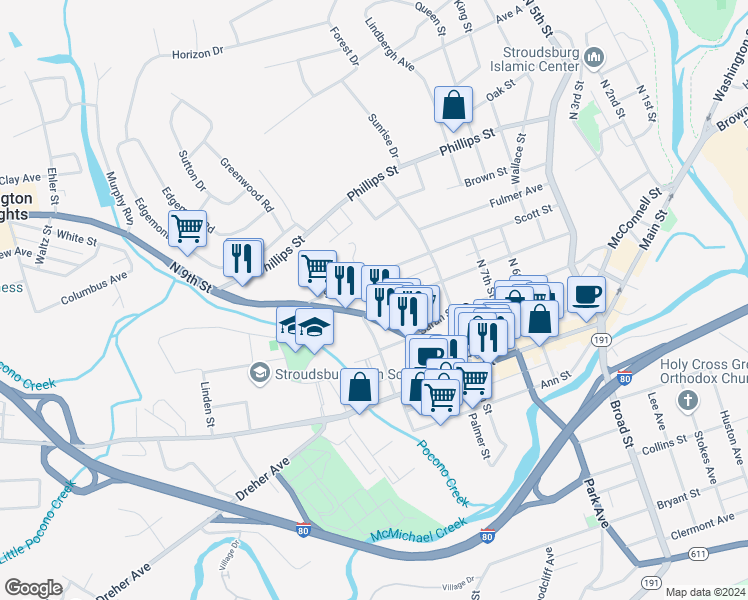 map of restaurants, bars, coffee shops, grocery stores, and more near 848 Thomas Street in Stroudsburg
