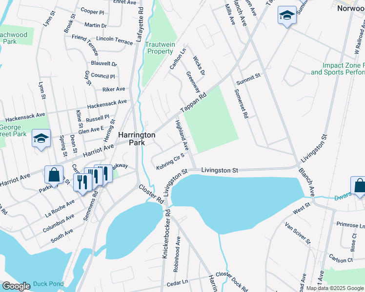 map of restaurants, bars, coffee shops, grocery stores, and more near 70 Highland Avenue in Harrington Park