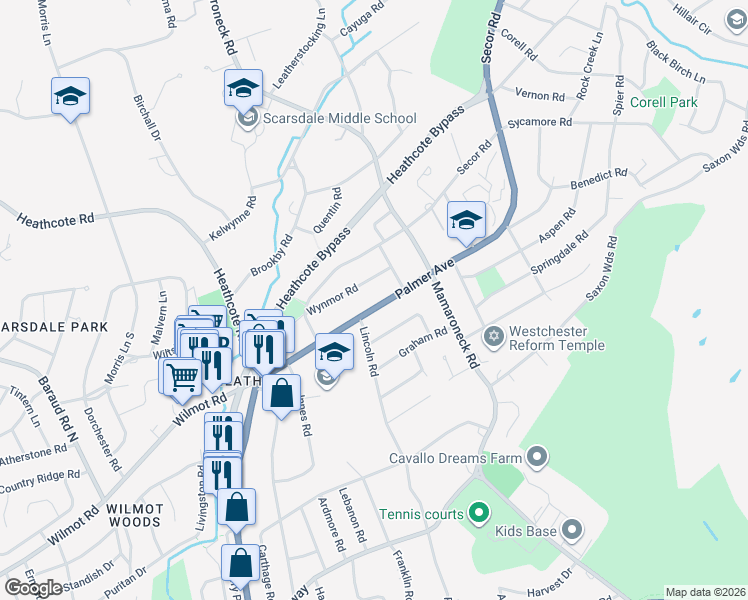 map of restaurants, bars, coffee shops, grocery stores, and more near 37 Wynmor Road in Scarsdale