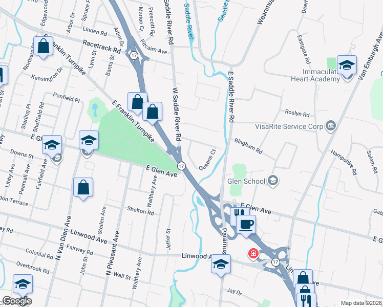 map of restaurants, bars, coffee shops, grocery stores, and more near 656 Kingsbridge Lane in Ridgewood