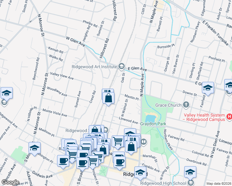 map of restaurants, bars, coffee shops, grocery stores, and more near 260 Oak Street in Ridgewood