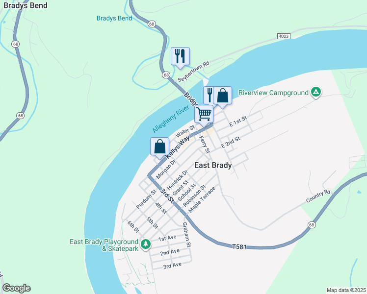 map of restaurants, bars, coffee shops, grocery stores, and more near 414 Kellys Way in East Brady