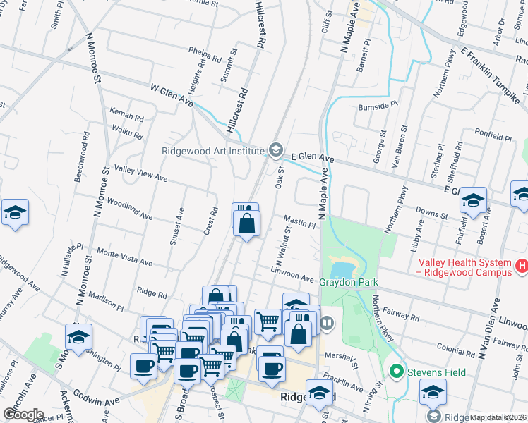 map of restaurants, bars, coffee shops, grocery stores, and more near 260 Oak Street in Ridgewood