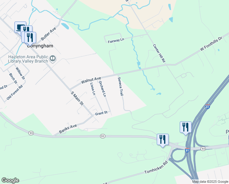 map of restaurants, bars, coffee shops, grocery stores, and more near Seneca Trail in Luzerne County