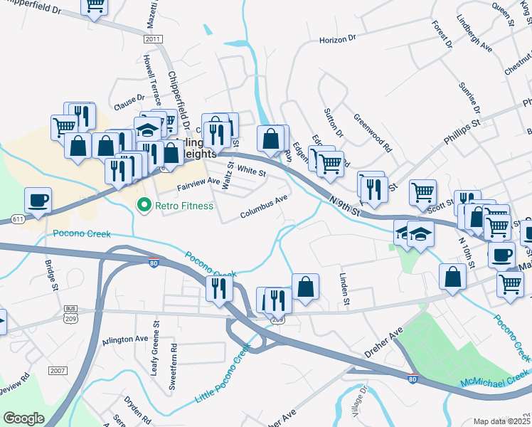 map of restaurants, bars, coffee shops, grocery stores, and more near 823 Park Street in Stroudsburg