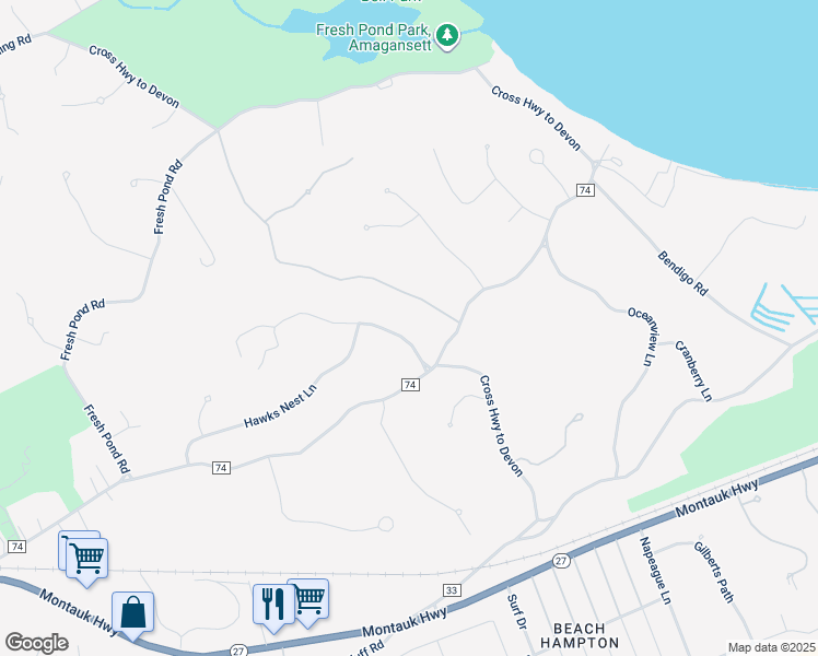 map of restaurants, bars, coffee shops, grocery stores, and more near 18 Canvasback Lane in East Hampton