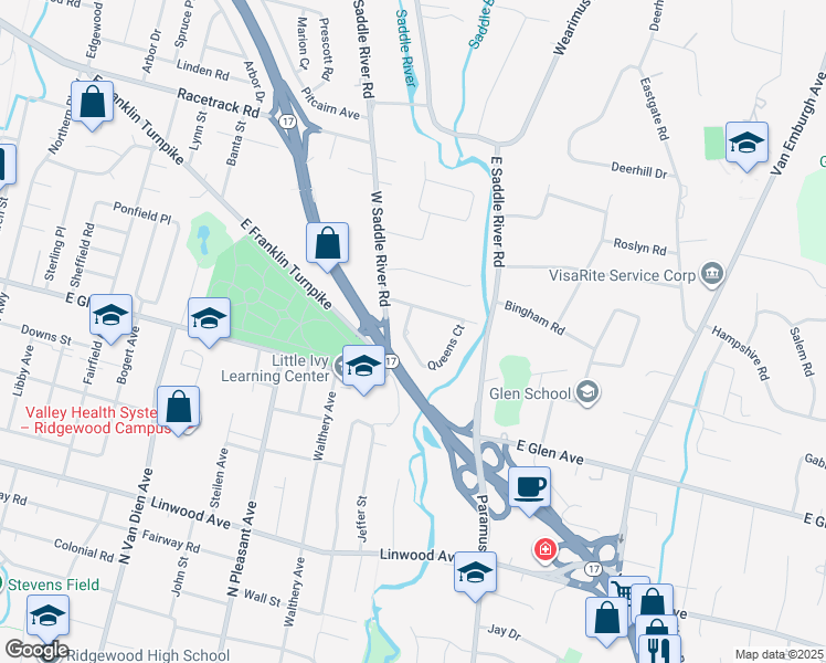 map of restaurants, bars, coffee shops, grocery stores, and more near 656 Kingsbridge Lane in Ridgewood