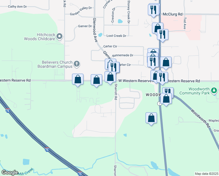 map of restaurants, bars, coffee shops, grocery stores, and more near 1075 West Western Reserve Road in Poland