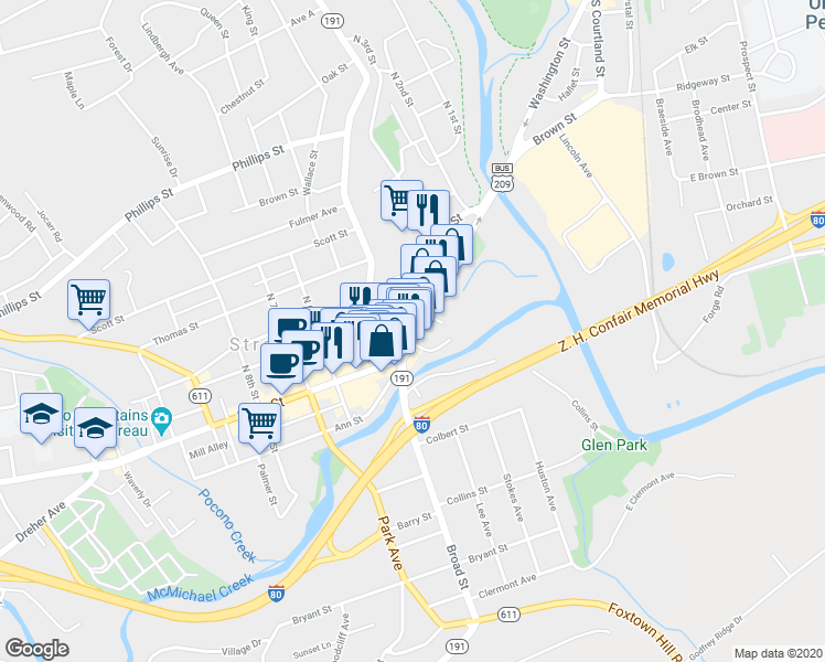 map of restaurants, bars, coffee shops, grocery stores, and more near 414 Main Street in Stroudsburg