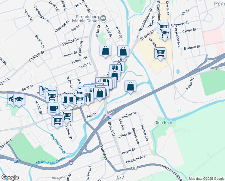 map of restaurants, bars, coffee shops, grocery stores, and more near 407 Main Street in Stroudsburg