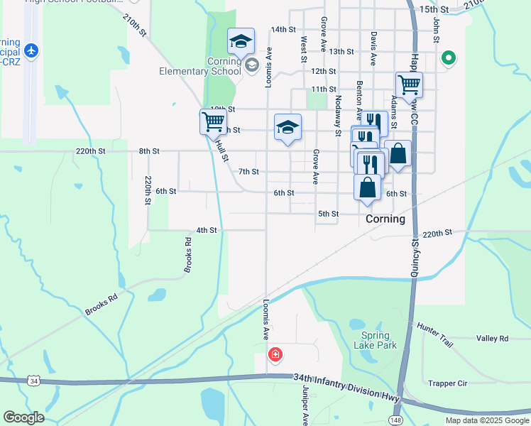 map of restaurants, bars, coffee shops, grocery stores, and more near 1000 5th Street in Corning