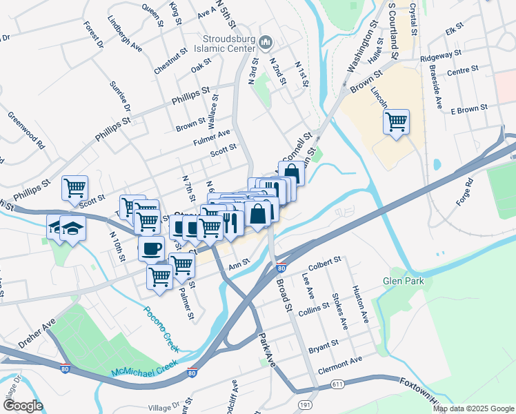 map of restaurants, bars, coffee shops, grocery stores, and more near 19 North 5th Street in Stroudsburg