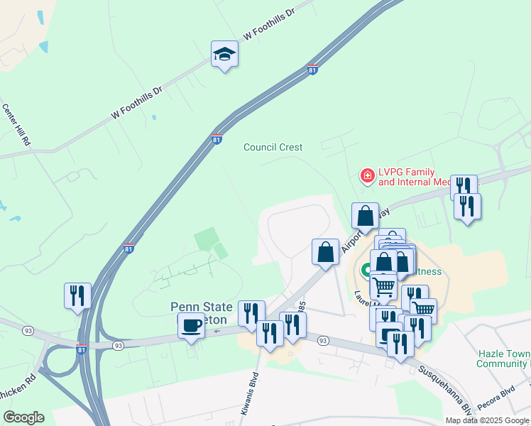 map of restaurants, bars, coffee shops, grocery stores, and more near 79 Colony Drive in Hazleton